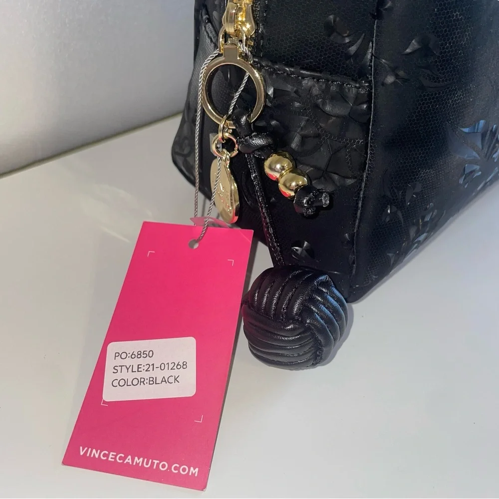 NWT Vince Camuto Black Floral Embossed Cosmetic Bag with Gold Hardware